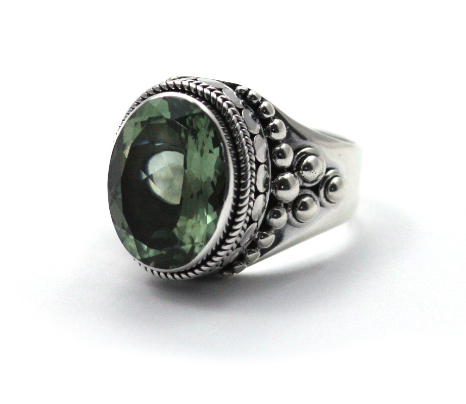 PADMA Beaded Filigree Faceted Oval Green Amethyst Ring