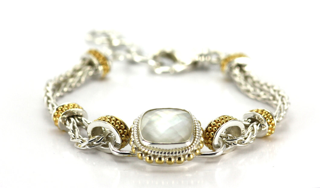 PADMA Beaded faceted Mother of Pearl gold vermeil and silver bracelet