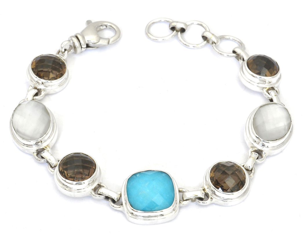 PADMA Mixed Station Bracelet. Turquoise, Smokey Quartz, Mother of Pearl