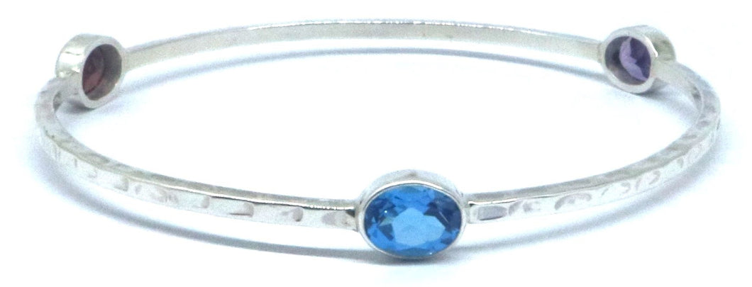 Mixed Gemstone Hammered Silver Bangle Bracelet
